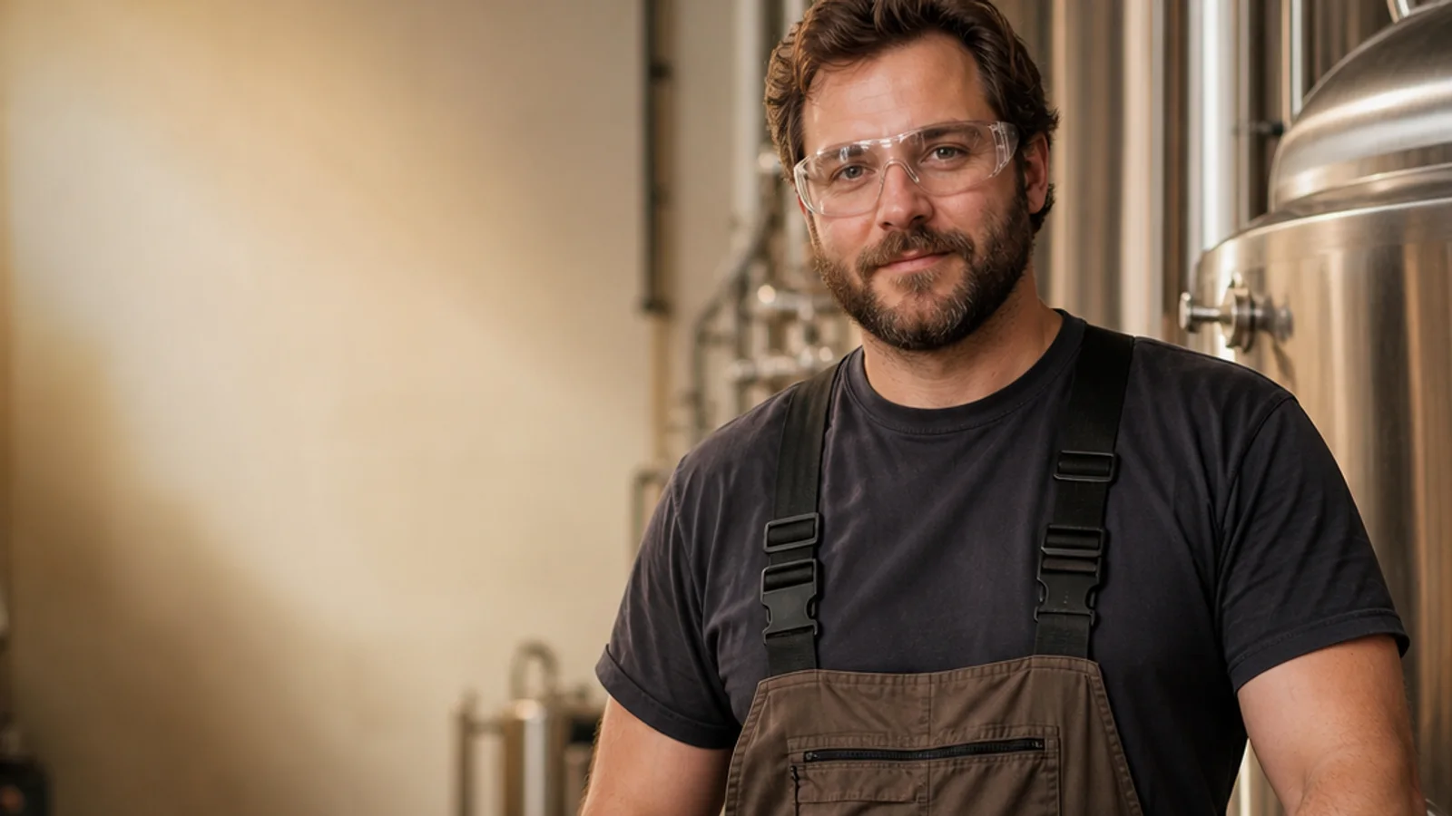 Mid-length portrait of a brewer, brewery, warm interior light, plain working backdrop with copy space