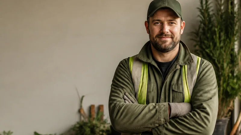 Mid-length portrait of a landscaper, landscaping, warm interior light, plain working backdrop with copy space