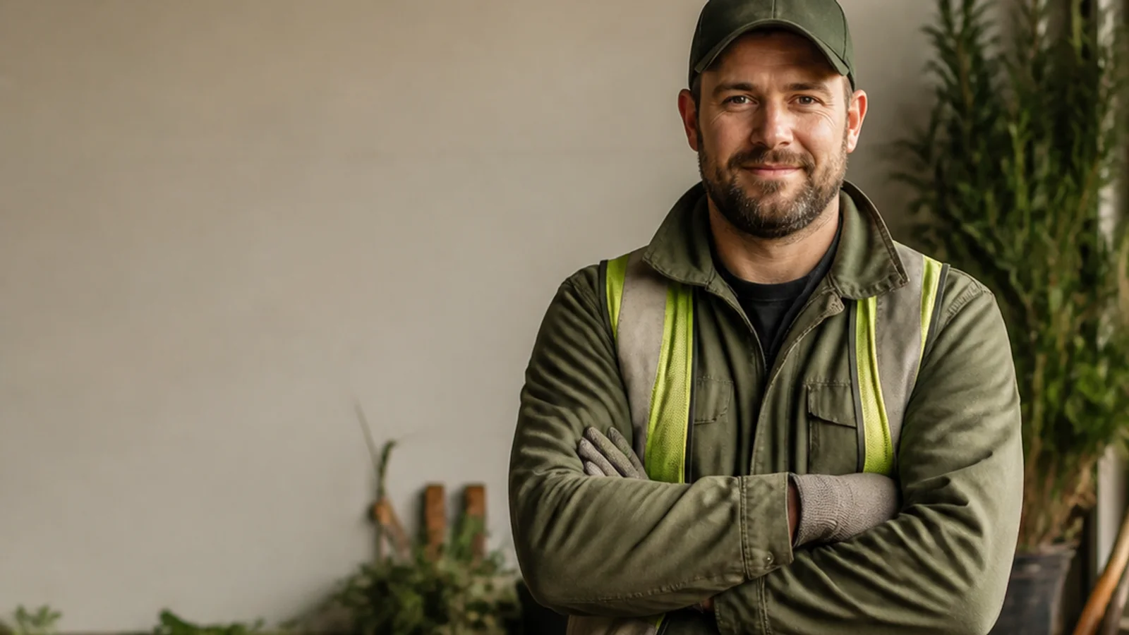 Mid-length portrait of a landscaper, landscaping, warm interior light, plain working backdrop with copy space
