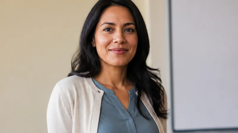Mid-length portrait of a educator, education, warm interior light, plain working backdrop with copy space