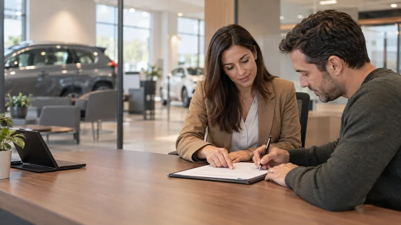 A car salesperson a customer signing paperwork at a sales desk, warm interior light
