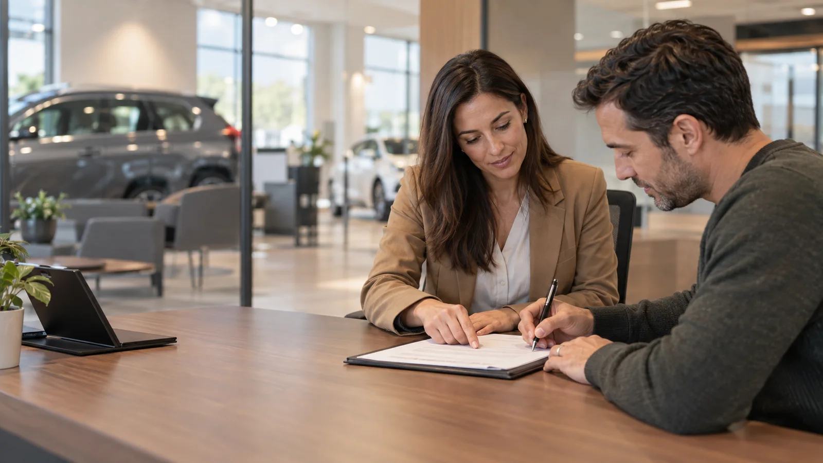 A car salesperson a customer signing paperwork at a sales desk, warm interior light