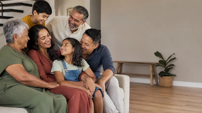 Happy multigenerational family together, relaxed and natural, warm interior light, open space to one side for text