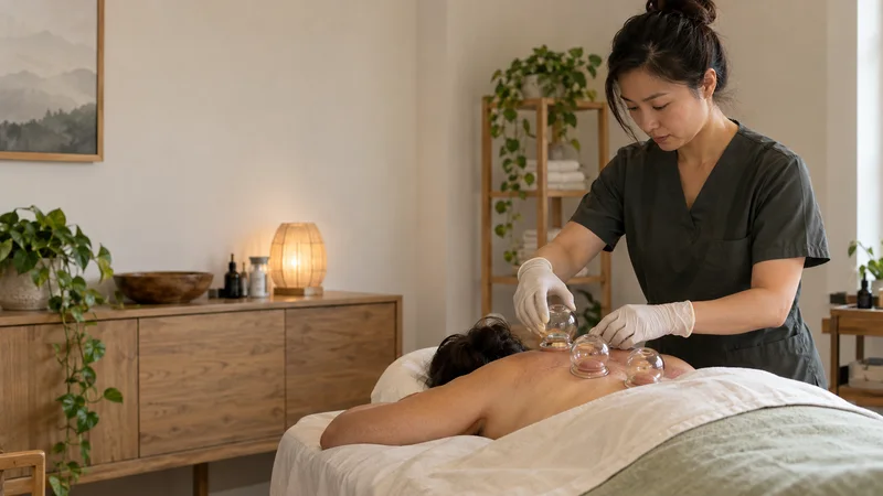 A acupuncturist placing cupping glasses on a patient, warm interior light