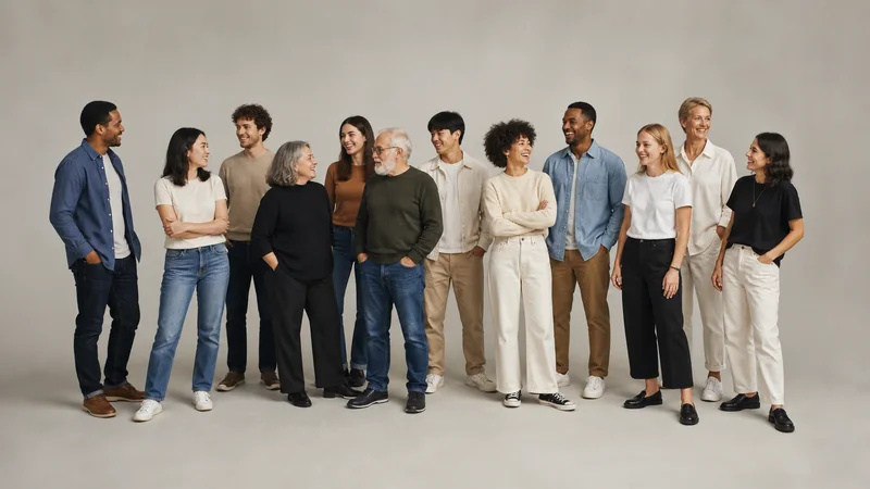 A diverse group of people of various ages in casual everyday clothes, neutral backdrop, soft studio light