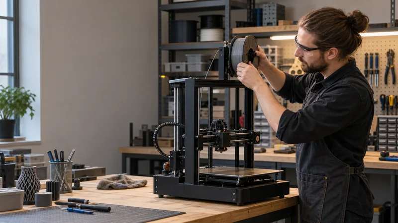A 3d-printing technician loading a filament spool into a printer, warm interior light