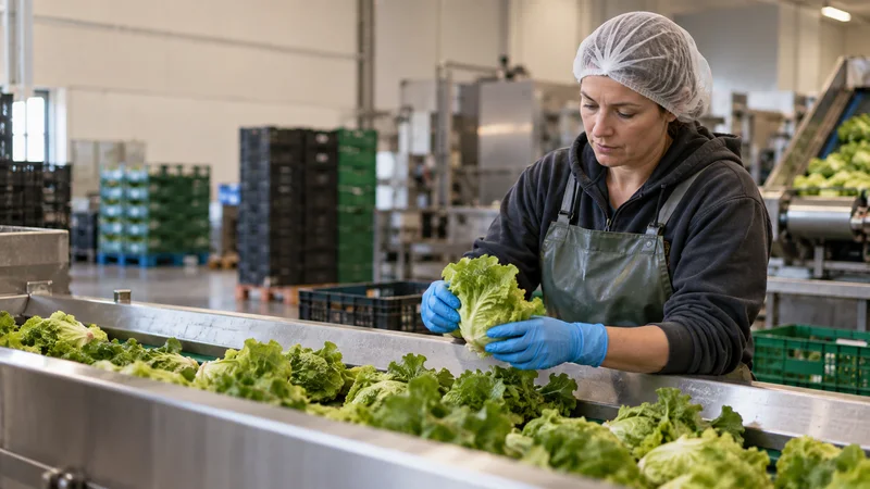 A farmer sorting produce on the packing line, warm interior light
