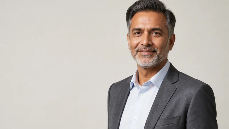 Mid-length portrait of a middle-aged professional in business attire, plain backdrop with copy space, clean even studio light