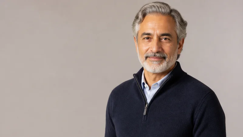 Mid-length portrait of an older adult in smart-casual clothing, plain backdrop with copy space, soft studio light