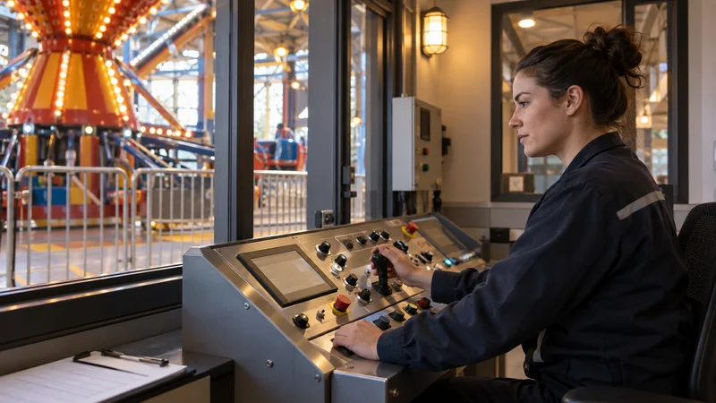 A ride operator operating the ride from the control panel, warm interior light