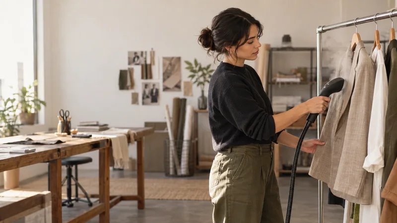 A fashion stylist steaming a garment on a rail, warm interior light