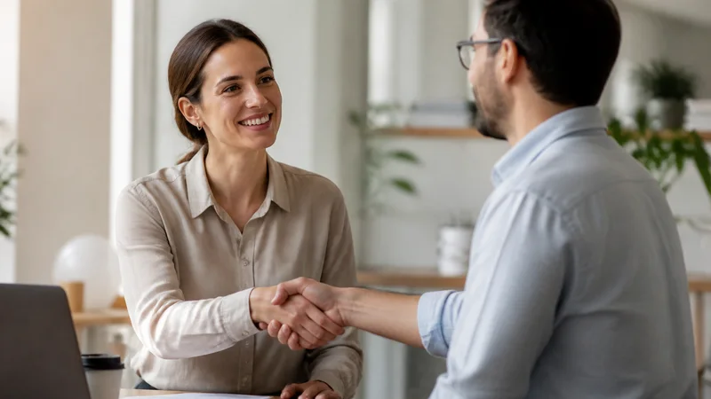 A warm, welcoming handshake between two people in a bright neutral setting, soft even indoor light