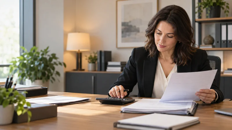 A accountant preparing a tax return with a calculator, warm interior light