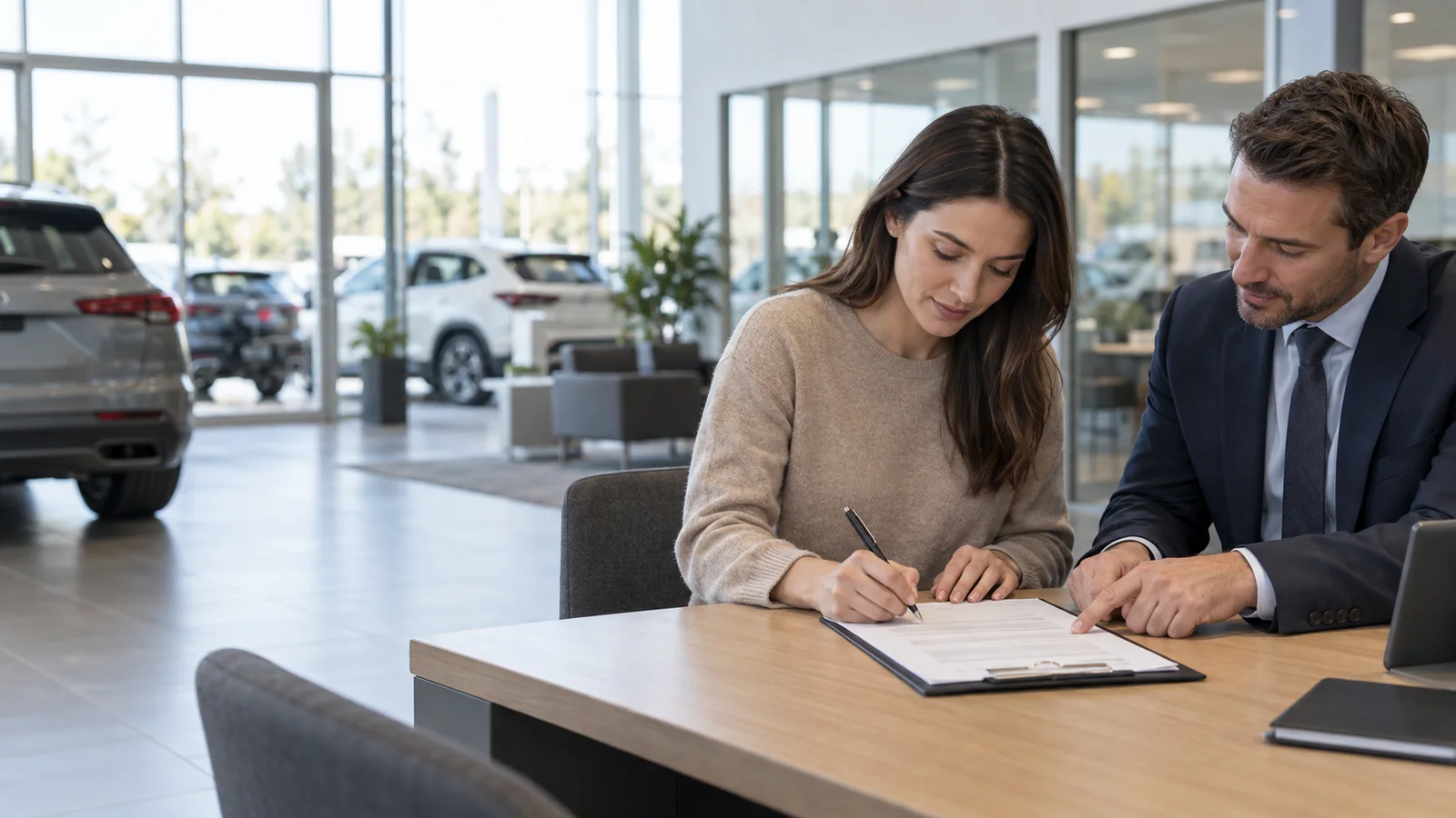 A car salesperson a customer signing paperwork at a sales desk, bright daylight through the windows