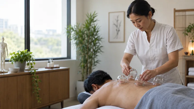 A acupuncturist placing cupping glasses on a patient, bright daylight through the windows