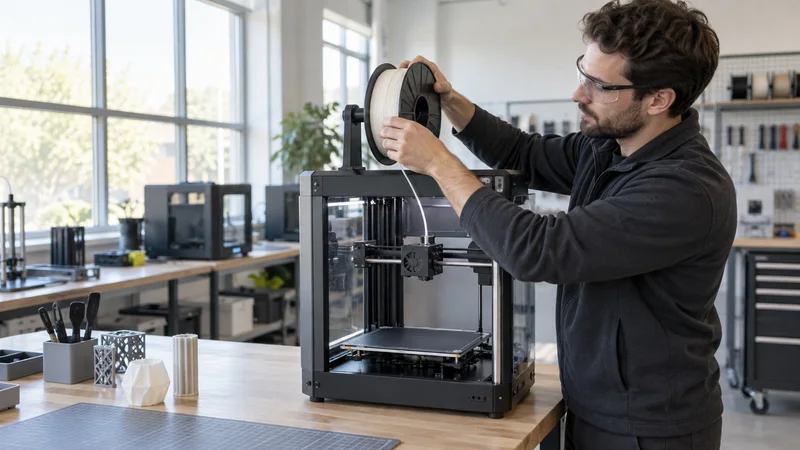 A 3d-printing technician loading a filament spool into a printer, bright daylight through the windows