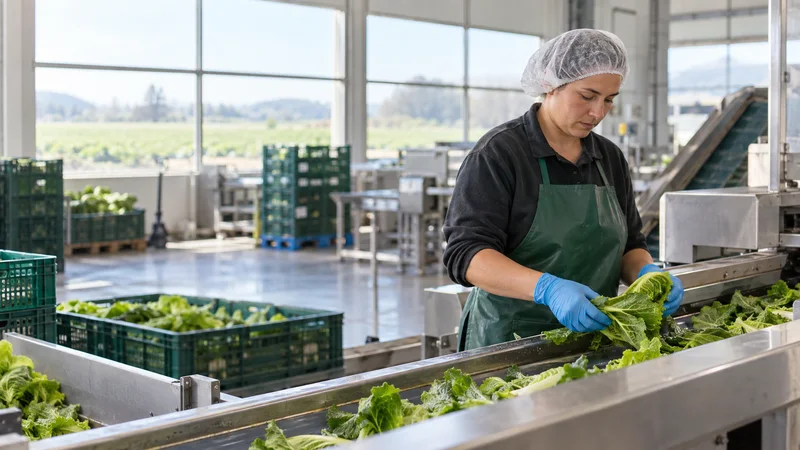 A farmer sorting produce on the packing line, bright daylight through the windows