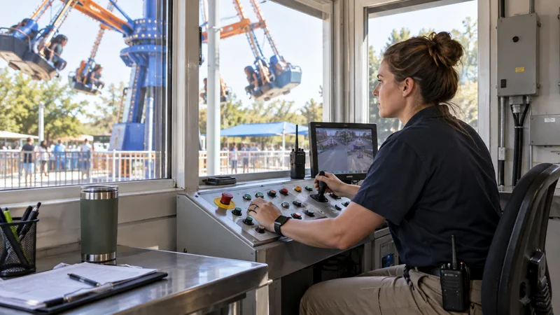 A ride operator operating the ride from the control panel, bright daylight through the windows