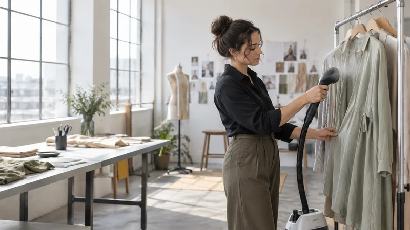 A fashion stylist steaming a garment on a rail, bright daylight through the windows