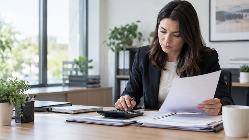 A accountant preparing a tax return with a calculator, bright daylight through the windows