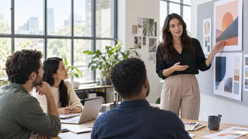 A marketing strategist presenting an ad mockup to the team, bright daylight through the windows
