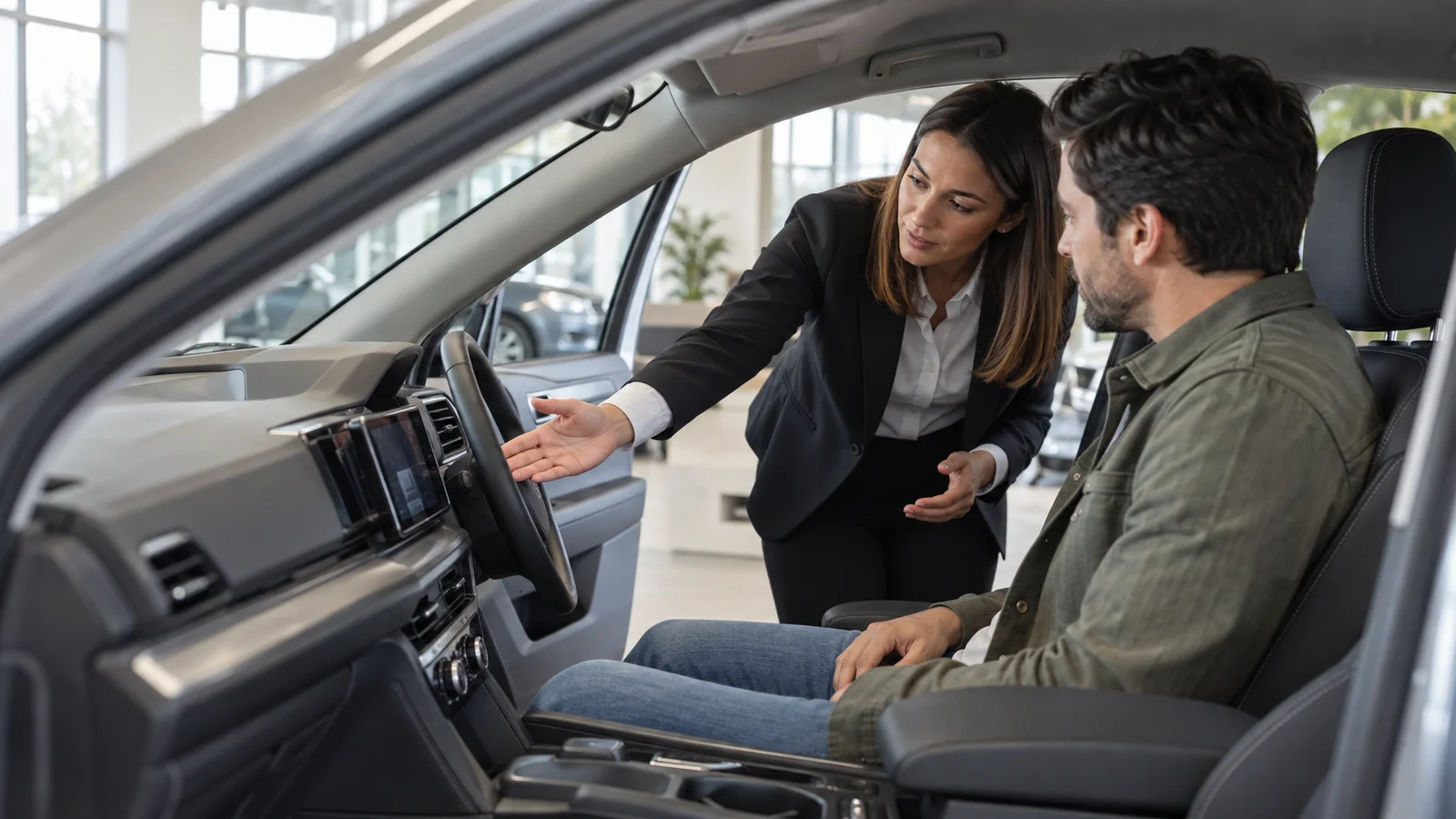A car salesperson a salesperson showing features inside a new car, soft even indoor light