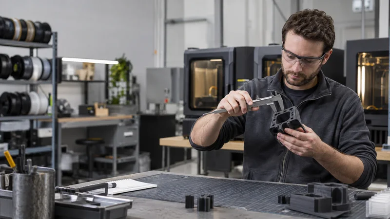 A 3d-printing technician inspecting a printed part with calipers, soft even indoor light