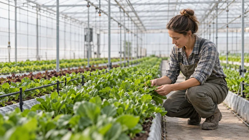 A farmer checking crops in the greenhouse, soft even indoor light