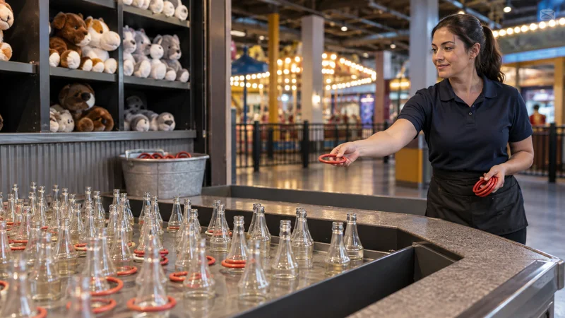 A ride operator running a ring-toss midway game, soft even indoor light