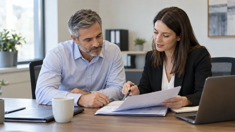 A accountant reviewing financial ledgers with a client, soft even indoor light