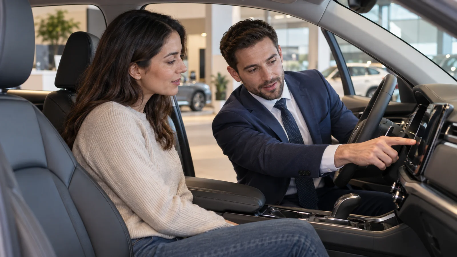 A car salesperson a salesperson showing features inside a new car, warm interior light