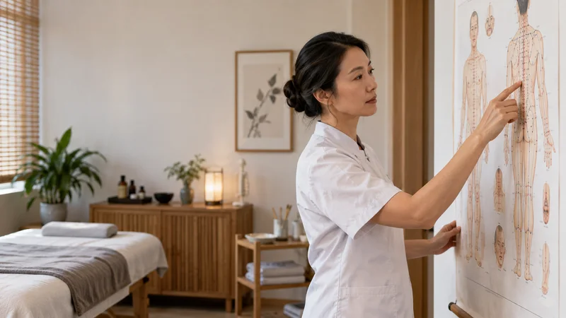 A acupuncturist locating an acupuncture point on a chart, warm interior light