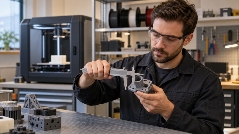 A 3d-printing technician inspecting a printed part with calipers, warm interior light