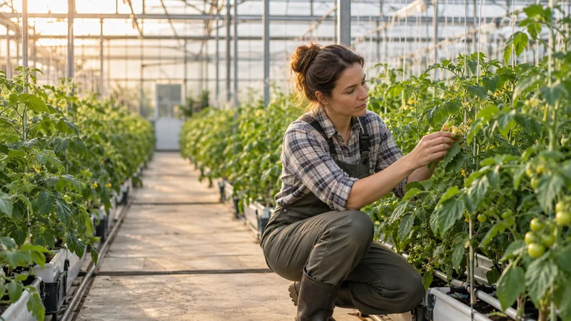 A farmer checking crops in the greenhouse, warm interior light