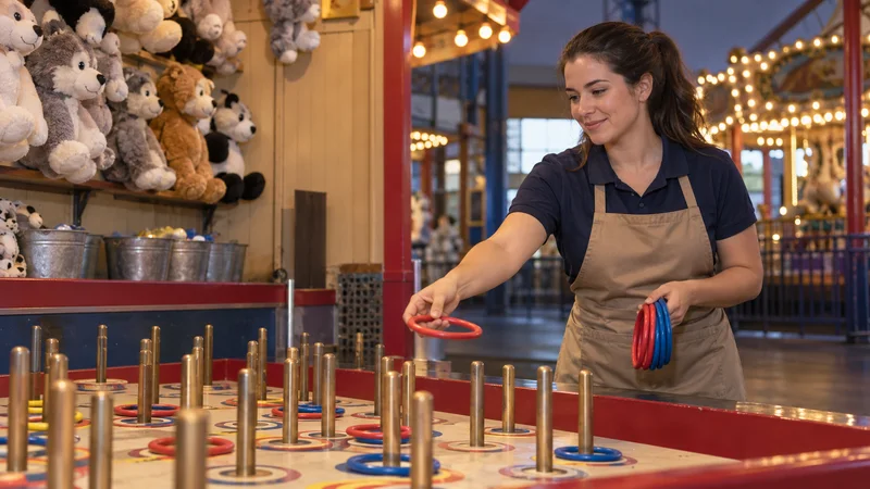 A ride operator running a ring-toss midway game, warm interior light