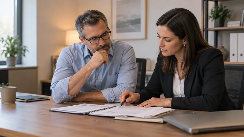 A accountant reviewing financial ledgers with a client, warm interior light