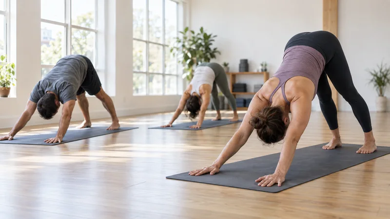 A yoga instructor holding a downward dog at the front of class, bright daylight through the windows
