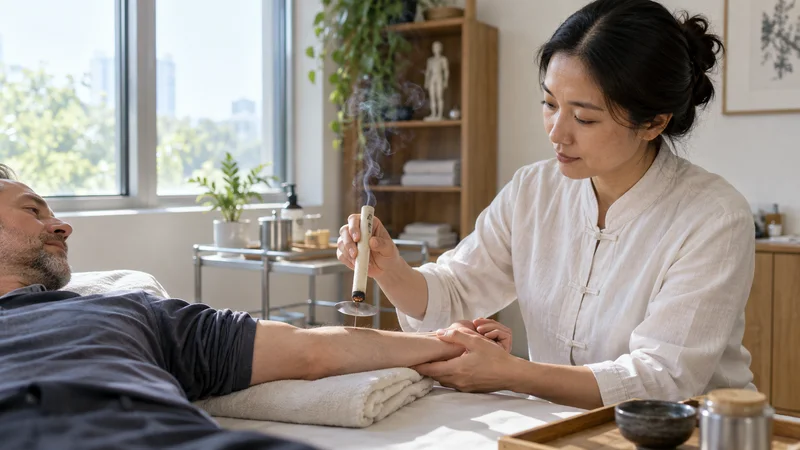 A acupuncturist applying moxibustion to a patient's arm, bright daylight through the windows