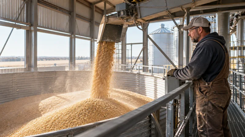 A farmer filling a grain silo at harvest, bright daylight through the windows