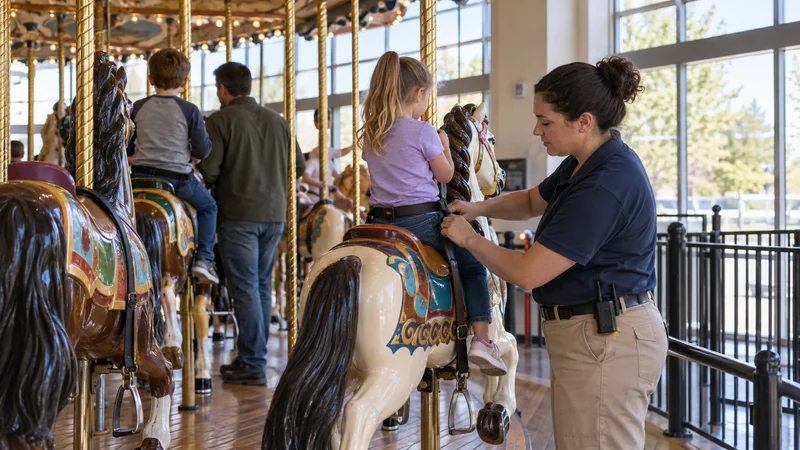 A ride operator loading riders onto the carousel, bright daylight through the windows