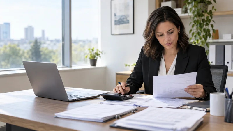 A accountant auditing invoices at a desk, bright daylight through the windows