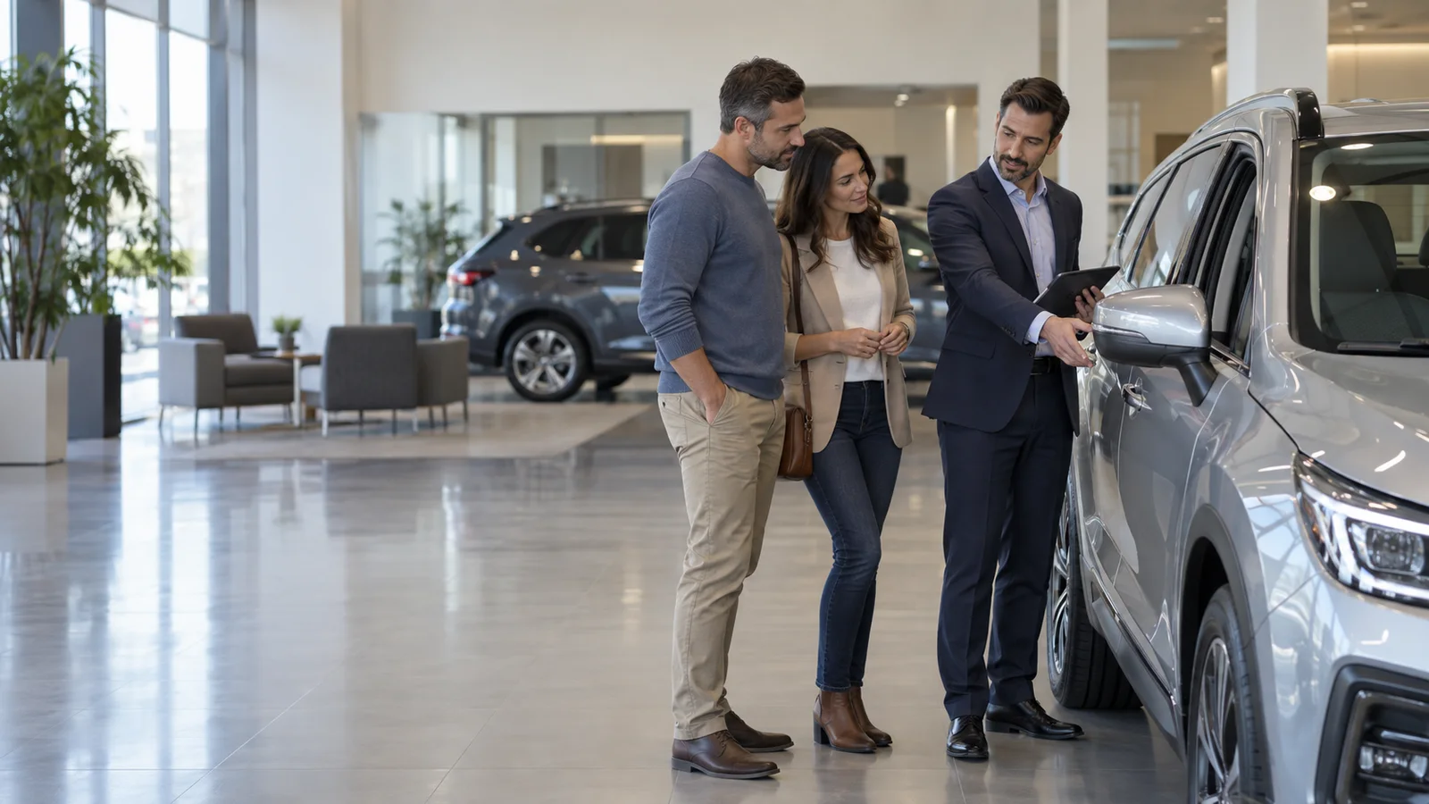 A car salesperson a couple inspecting a car on the showroom floor, soft even indoor light