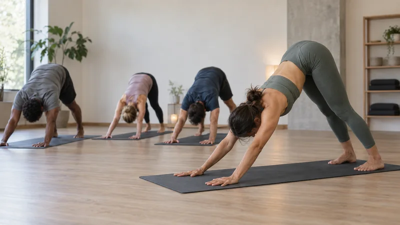 A yoga instructor holding a downward dog at the front of class, soft even indoor light