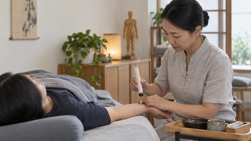 A acupuncturist applying moxibustion to a patient's arm, soft even indoor light