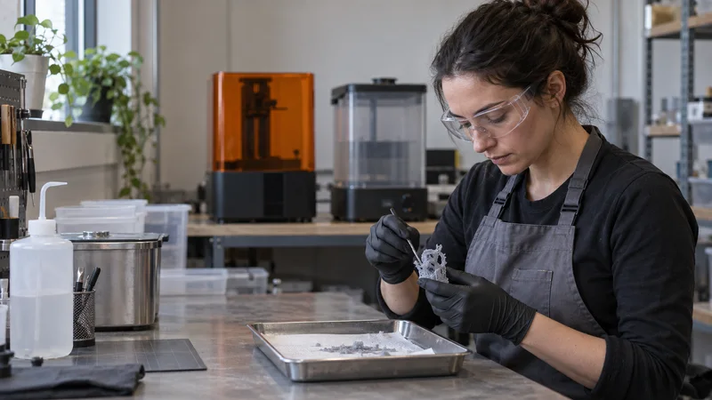 A 3d-printing technician post-processing a resin print, soft even indoor light