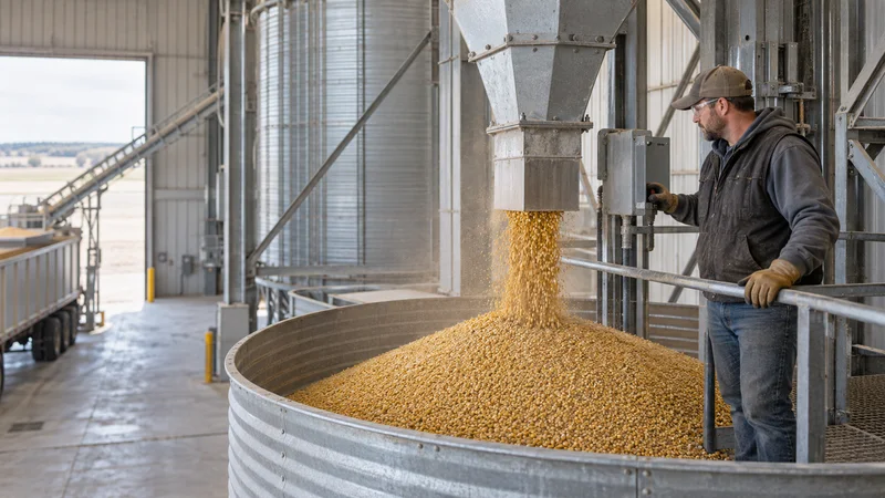 A farmer filling a grain silo at harvest, soft even indoor light