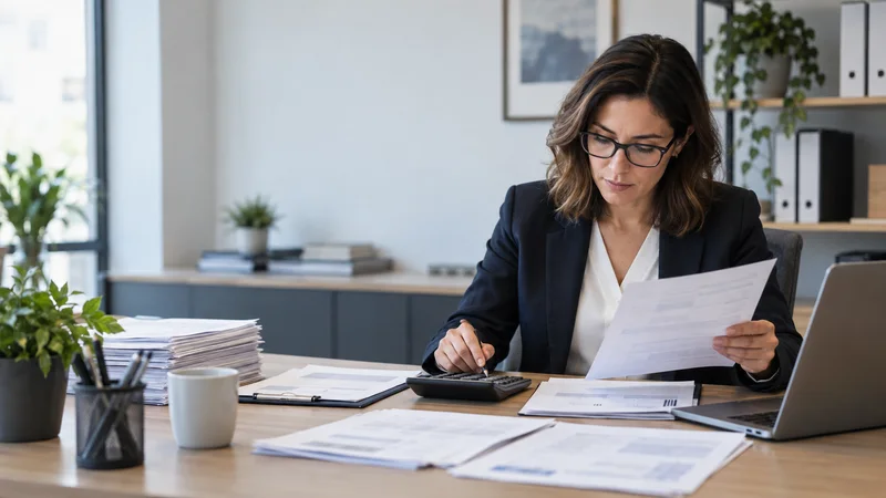 A accountant auditing invoices at a desk, soft even indoor light
