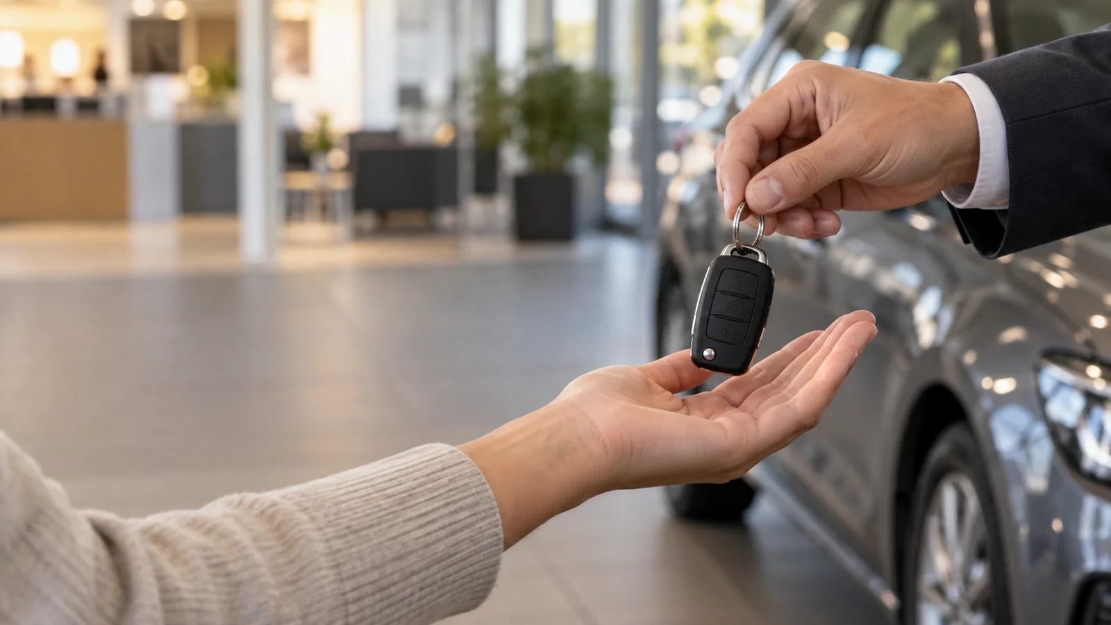 Close-up of hands a salesperson handing car keys to a new owner, warm interior light, only naturally framed hands, no faces