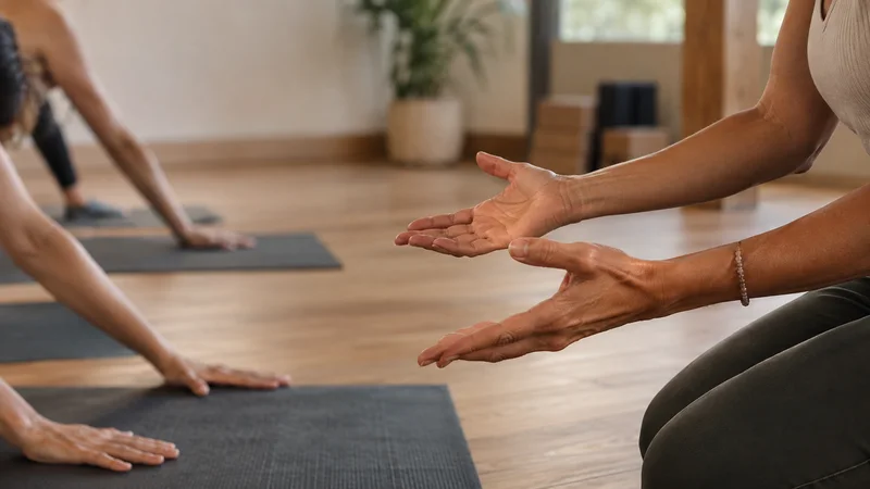 Close-up of hands leading a class through a yoga pose, warm interior light, only naturally framed hands, no faces