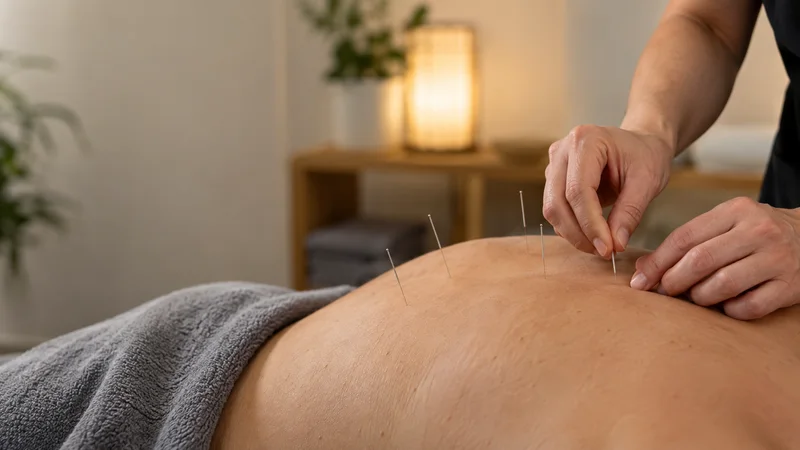 Close-up of hands inserting acupuncture needles into a patient's back, warm interior light, only naturally framed hands, no faces
